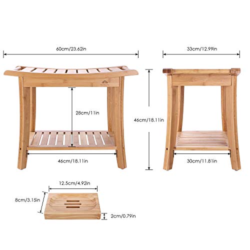 HOMECHO Bamboo Shower Bench Stool Seat with Shelves Waterproof Wooden