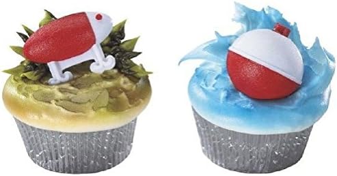 12 Fishing Lures &amp; Bobbers Cupcake Ring Toppers Fish Party Birthday Baby Shower