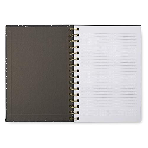 Small Hardcover Themed Notebook - Compact Lined Spiral Bound 6.0" X 8.5" 100 Page Notepad Journal/Personal Diary - Black, Gold & White Cover Design with Inspirational Quote "Happy Thoughts"