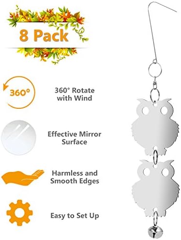 Benewell Bird Repellent Set of 8, Owl Bird Repellent Control, Humane Reflective Scare Rods with Bells - Effective &amp; Eco-friendly Deterrent for Owl Bird, Woodpecker, Pigeons, Starlings,and More
