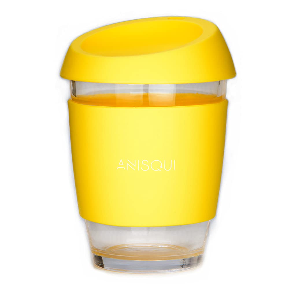 AniSqui Glass Travel Mug, 12oz 350ml Portable Coffee Cup with Lid (Yellow)
