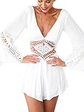 Choies Women's Chiffon White Lace Waist Long Sleeves Romper Playsuit