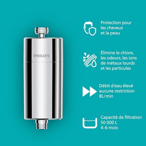 Water Filtre de douche avec 3 cartouches, installation facile, compatible avec les raccords standards, réduit le CHLORE jusqu’à 99%, CHROME, capacité de filtration de 50.000 L