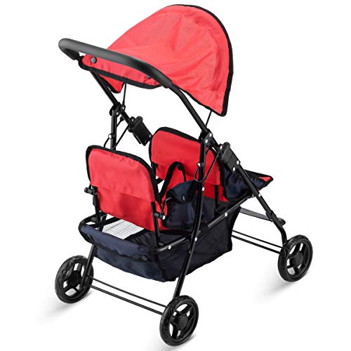Hushlily® Tandem Double Doll Stroller with Adjustable Canopy & Basket