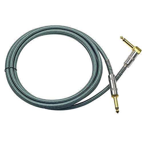 BIGGZ Professional Guitar Lead 3M/10ft, 6.35mm 1/4" Right Angled Nylon Braided Gold Plated Guitar Instrument Cable for Electric Guitar, Bass, Amp, Keyboard, Mandolin, Mixing Desks-STR/ANG (GREEN)