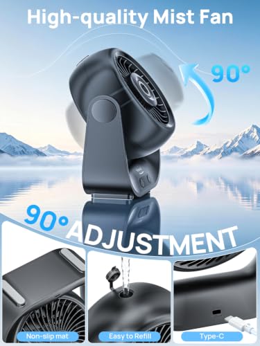 Ventilateur Brumisateur Bureau - 5000mAh Mini Ventilateurs Silencieux de Table avec 5 Vitesses, Ecran LED & Réglable à 90°, Petit Table Fan USB Rechargeable pour Chambre Bureau Extérieur (Noir)