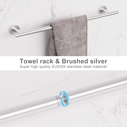 sunzone Bathroom Accessories Set, 5 Pieces Towel Bar, 60 cm Towel Bar, Towel Ring, Bathrobe Towel Hook, Toilet Paper Holder, 304 Stainless Steel, Silver