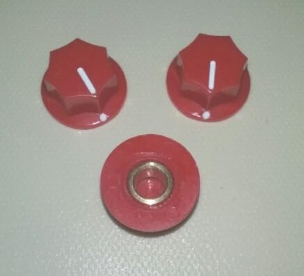 Set of 3 Red Heptagonal, (7-sided) Skirted Knobs for Electric Guitar, Bass, Amplifier, Effects Pedal, Audio, Smooth Bore with Set Screw