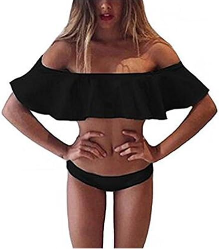 EVESUN Women's Ruffle Falbala Two Piece Swimsuit Padded Set Off Shoulder Sexy Monokini Swimsuit (XL, Black)