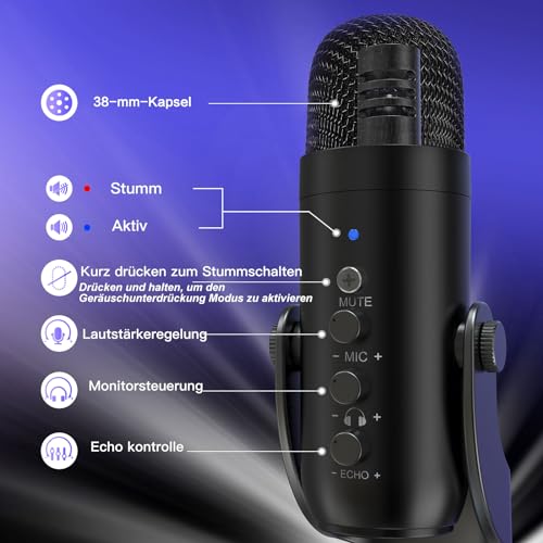 zealsound USB-C Condenser Microphone for PC, Mobile Phone, PS4, PS5, for Gaming, Podcast, Recording, Streaming, ASMR with Mute/Gain/Echo, Adapter for Phone, Compatible with Mac, Winows