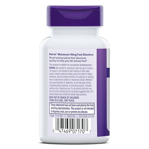 NATROL FAST DISSOLVE MELATONIN 10 MG, MELATONIN SUPPLEMENTS FOR RESTFUL SLEEP, SLEEP SUPPORT FOR ADULTS, 30 STRAWBERRY-FLAVORED TABLETS, UP TO A 30 DAY SUPPLY