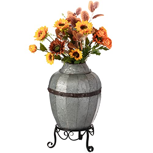 Vintiquewise Rustic Galvanized Barrel Shape Planter Pot with Metal Stand, Farmh…