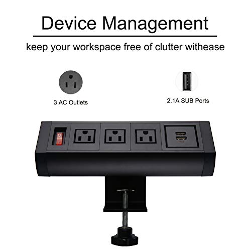 Desktop Clamp Power Plug Outlets with 2 USB Ports, Removable Mount Multi-Outlets, Power Strip Socket Connect 3 Plugs for Reading Home Office