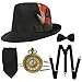 1920s Mens Gatsby Costume Accessories,Manhattan Fedora Hat w/Feather,Vintage Pocket Watch,Suspenders Y-Back Trouser Braces,Pre Tied Bow Tie,Tie (Black-Black)