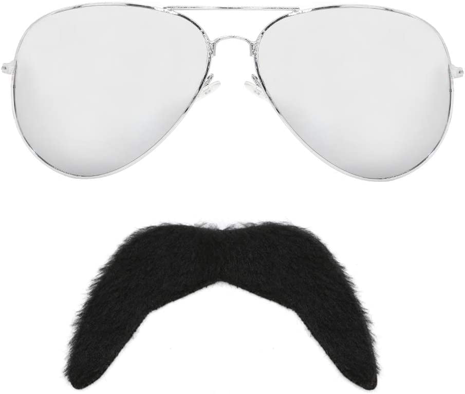 Adults 80s Rock Star Accessories - Mirrored Sunglasses + Black Moustache - 1980s Pride Musician Rockstar Fancy Dress Costume Accessory Set