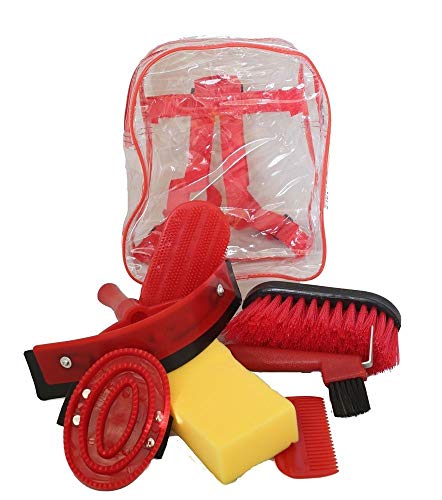 AJ Tack Wholesale Horse Grooming Kit 8 Piece Set for Children Brushes Sweat Scraper Rubber Massage Curry Mane and Tail Comb Hoof Pick Sponge Clear Back Pack Red