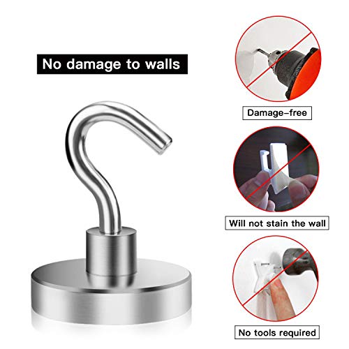BTLFN Magnetic Hooks 8 PCS, 48LB Neodymium Heavy Duty Magnet Hooks for Hanging Refrigerator Kitchen Bathroom Bedroom Garage Lockers Office Classroom - Sliver