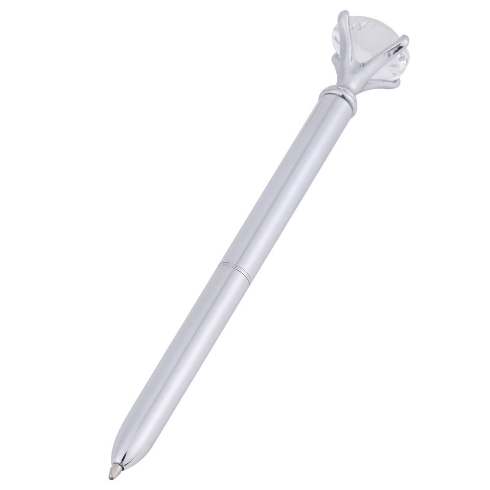Walfront Crystal Ballpoint Pen, Metal Ballpoint Pen with Rhinestone Decor, Silver Office Supplies Gift Stationery for Writing Instruments
