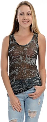 FashionCO Women's Sexy Mesh Sleeveless See-through Shoulder Vest Tank Top Shirt (Small, Black)
