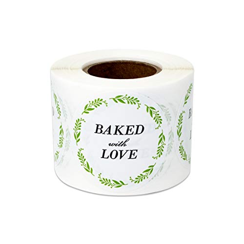300 Labels - Baked with Love Stickers for Handcrafted Bakeries Dessert Shop (1.5 Inch - 1 Roll)