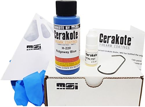 Ridgeway Blue H-220 Oven Cure, MSI Ceramic Firearm Paint Bundle, includes 7 items: 45ml Ceramic Paint, Catalyst, Strainer, Gloves, Hanging hook, instructions and link to MSI instructional video.