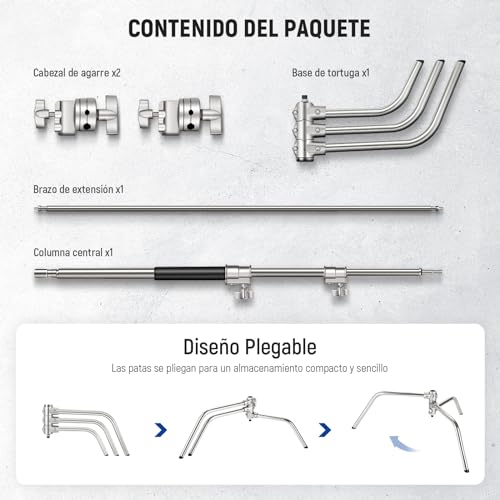 NEEWER Pro 100% Acero Inoxidable Resistente Soporte C con Brazo de Pluma, Altura Máx 68"/172cm Soporte de Luz Fotografía con Brazo 2.7ft/83cm, 2 Cabezales para Monoluz, Softbox, Reflector, SC172