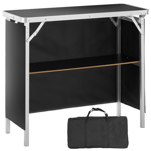 Photo 1 of VEVOR Folding Portable Bar Tradeshow Podium Table for Indoor, Outdoor, Party, Picnic, Exhibition, Includes Carrying Case, Storage Shelf and Black Skirt, 38.39" x 15.16" x 34.25"
