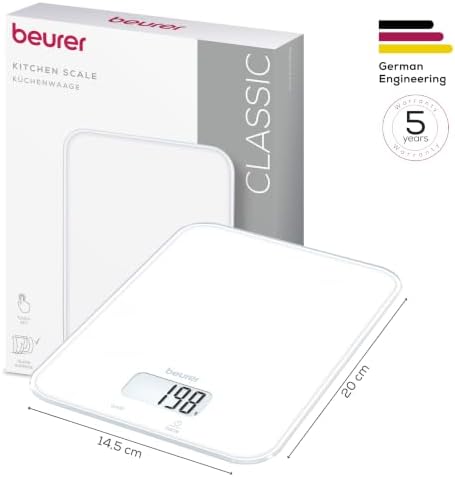 KS 19 Pure White digitale Küchenwaage, Tragkraft bis zu 5 kg (1-g-genaue Einteilung), Haushaltswaage mit Sensor-Touch, Lebensmittelwaage inkl. Batterien, ultraflaches Design, weiß