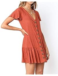 YONYWA - Mini vestido de manga corta con volantes y cuello en V para mujer