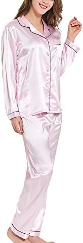 VlSl Womens Silk Satin Pajamas Set Two-Piece Long Sleeve Long Button-Down Sleepwear Loungewear (Small, USS Pink)