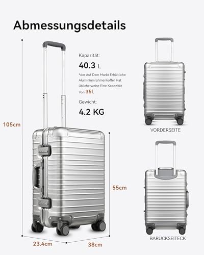 LUGGEX All Aluminium Suitcase, Hand Luggage, Aluminium Suitcase Trolleys without Zip, Sturdy Hard Shell Case with 4 Double Spinner Wheels, TSA Combination Lock (Silver, 55 x 38 x 23 cm, 40 L)