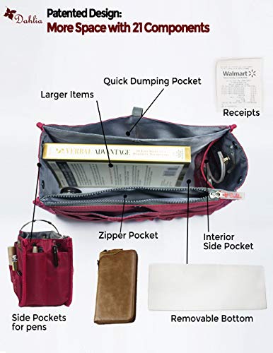 Dahlia Patented Handbag Purse Organizer Insert - STURDY Flexible, Burgundy