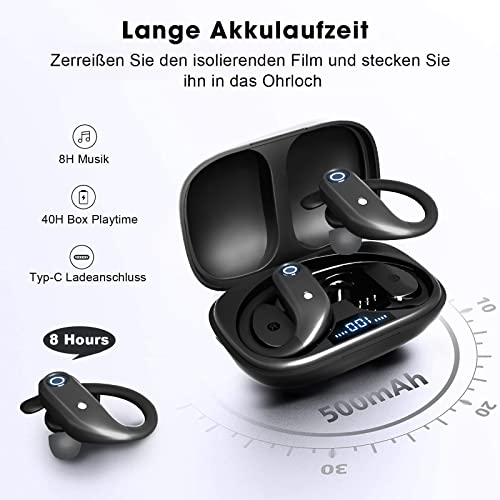 ENUOSUMA Bluetooth Kopfhörer Sport Kabellos, TWS True In-Ear Ohrhörer Wireless mit ENC Mikrofon, Premium Typc-C Headsets 48 Std Digitale LED Ladebox Deep Bass für Laptop/Smartphone/PC, Schwarz