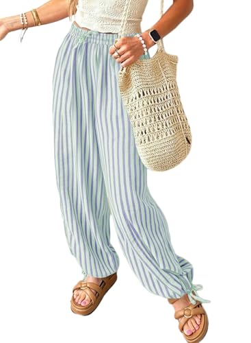 Acelitt Women Casual Striped Wide Leg Pants Drawstring Elastic Waist Fashion 2026 Summer Lounge Trousers Pants Sky Blue XL at Amazon
