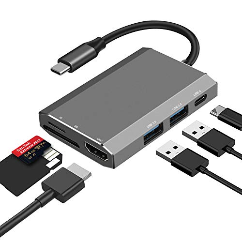USB C Hub HDMI Adapter - 6 in 1 USB C Adapter with 4K USB-C to HDMI, SD/TF Card Reader, 2 USB 3.0 Ports, Type C Charging Compatible MacBook Air, Mac Pro 13/15(Thunderbolt 3), ChromeBook and More(Gray)