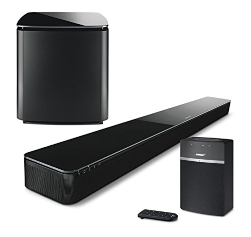 Bose Home Entertainment System with SoundTouch 300 Soundbar (Black), Acoustimass 300 Wireless Bass Module (Black), and SoundTouch 10 WiFi Music System (Black)