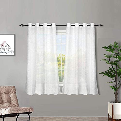 Melodieux 2 Panel Faux Linen Voile Net Curtains Semi Sheer Ring Top Drapes for Bedroom, Living Room, Window (White, 55 x 54 inch drop)