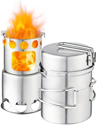 Qunlei 304 Stainless Steel Camping Cookware Set with Wood Stove, Complete Lightweight Outdoor Camping Hiking Backpacking Cooking Picnic Cookware Mess Kit for 1-2 Adult