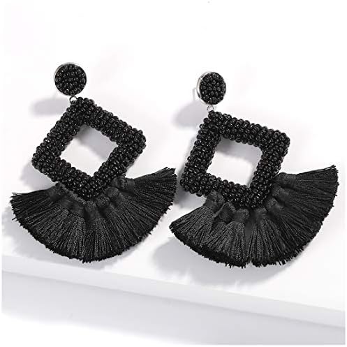 Dvacaman Hoop Tassel Earrings for Women - Statement Handmade Beaded Fringe Dangle Earrings, Idea Gift for Mom, Sister and Friend