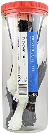 450pc Cable Ties Black and White 4+6+8+12-Inch Self-Locking Assorted Nylon Zip Wire Tie-Wrap (Combo Pack) by EXHEED