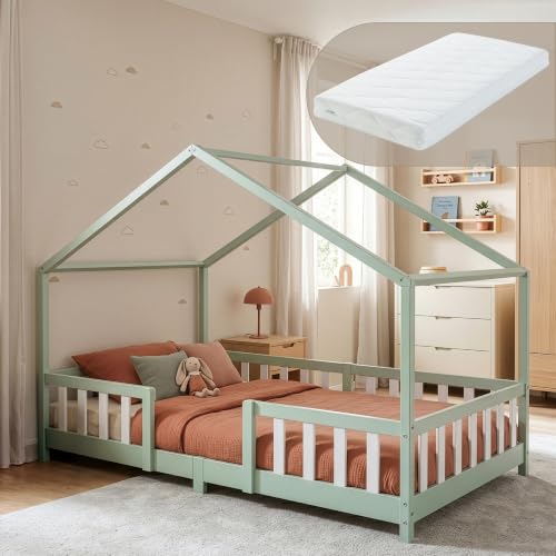 [en.casa] Kinderbett Treviolo mit Matratze 140x200 cm Mintgrün/Weiß