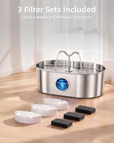 SohoTeco 8L/270oz/2Gallon Stainless Steel Dog Water Fountain Pet Fountain | Automatic Pet Water Dispenser - Self-Designed Filtration System - Ultra-Quiet Pump - Easy Cleaning & Maintenance (3 Filters)