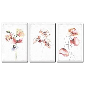 3 Panel Drawn Watercolor Poppys Wildflowers Artwork x 3 Panels