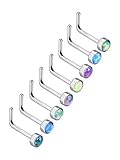 Mudder 8 Pieces 20G L Shaped Nose Rings L-bend Nose Studs Opal Stone Inlaid Stainless Steel Curved Piercing Jewelry, 8 Colors