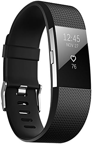 JUNYI Fitbit Charge 2 Bands ,Classic Sports Watch Adjustable Replacement Comfortable Bands for Fitbit Charge 2 Fitness Smart Wristbands Strap ( Black)