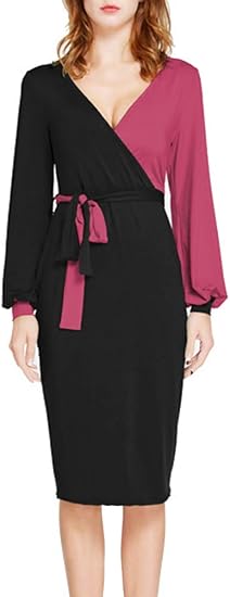 Amazon Biubiong ドレス レディース おしゃれ ステッチ 深いｖネック ワンピース 通販 膝丈 ランタンスリーブ ベルト 蝶結び Ol オフィス 長袖 春夏 ワンピース チュニック 通販