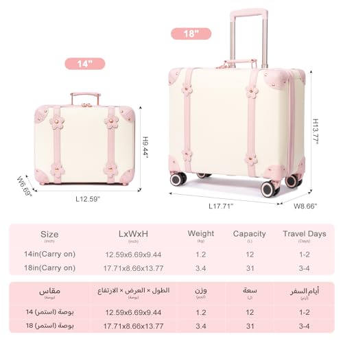 urecity Vintage PU Leather Cabin Size Luggage Set Stylish Retro Underseat Carry On Suitcases with TSA Lock & Spinner Wheels, Lightweight Design for Elegant Travel (18''+14'' White Flowers)