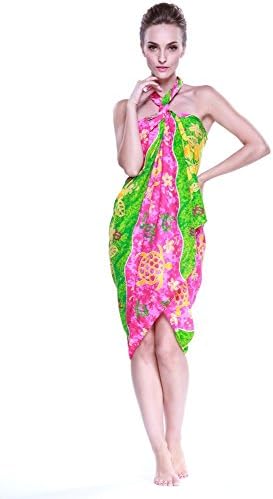 Aloha Fashion Women's Hawaiian Tropical Sarong Pareo inTwo-Tone Turtles Jumbo Pink and Green