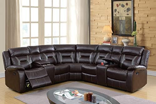 3Pcs Modern Dark Brown Gel Leatherette Reclining Sectional Sofa Set with Console Storage and Cup Holder Underneath The Arm Rest
