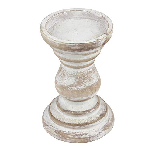 Stonebriar Antique White Wooden Pillar Candle Holder, Vintage Seaside